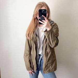 Olive Green Lightweight Utility Zip-up Jacket with Hood